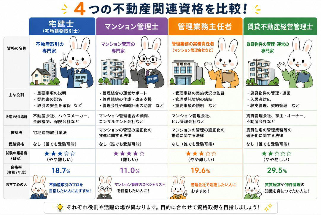 宅建・マンション管理士・管理業務主任者・賃貸不動産経営管理士を徹底比較！