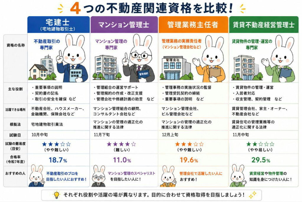 宅建士、マンション管理士、管理業務主任者、賃貸不動産経営管理士を徹底比較！